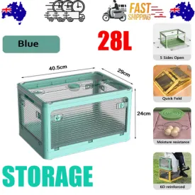 28L Blue Storage Container | Stackable | 5 Sides Open Top Lid | Transparent | Foldable