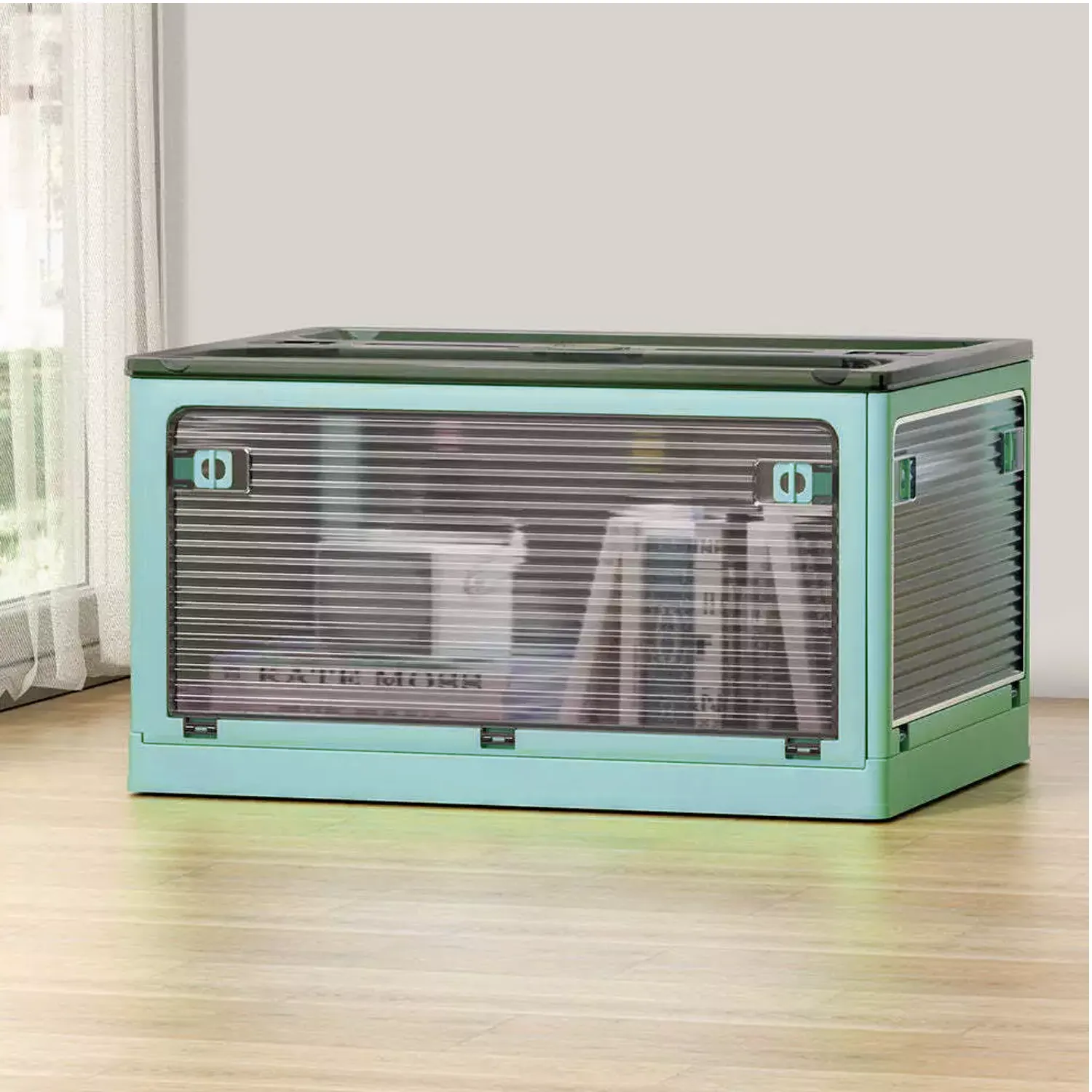 28L Blue Storage Container | Stackable | 5 Sides Open Top Lid | Transparent | Foldable