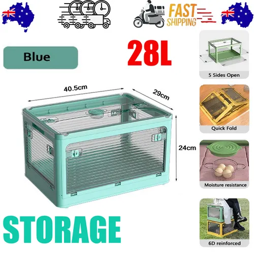 28L Blue Storage Container | Stackable | 5 Sides Open Top Lid | Transparent | Foldable