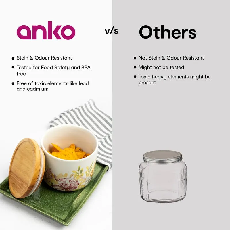 Anko 300ml Stoneware Ceramic Jars for Kitchen Storage | Airtight Container Set for Kitchen with Rubberwood Lid & Silicone Ring | Kitchen Container for Snacks, Tea, Sugar | Floral | Set of 6
