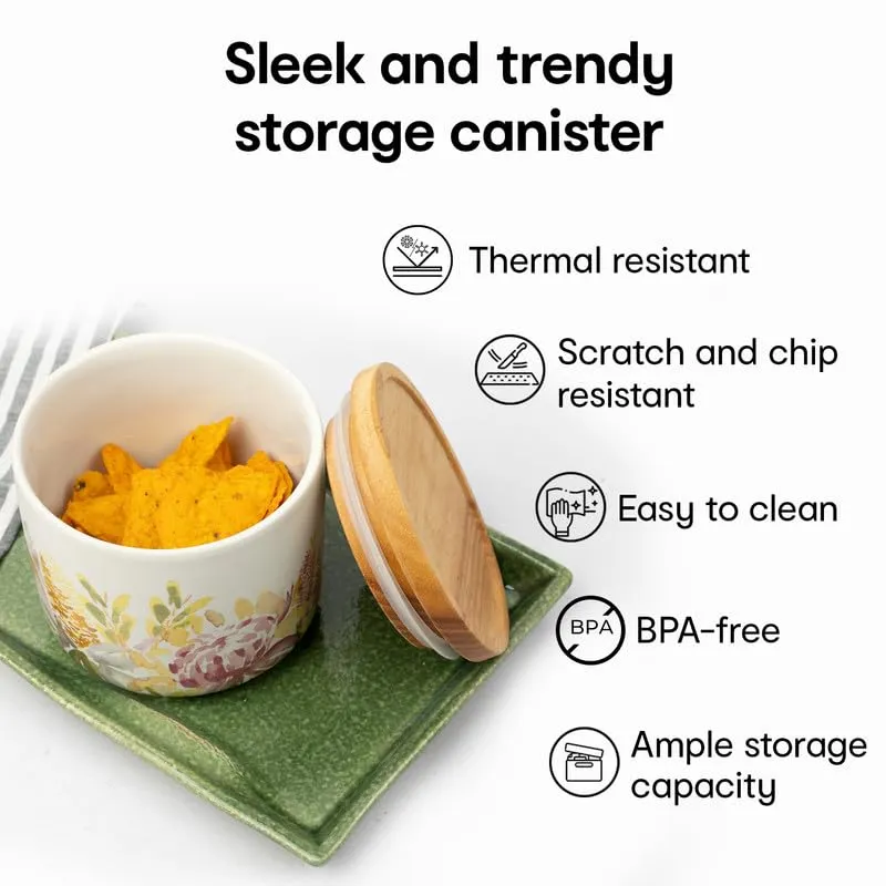 Anko 300ml Stoneware Ceramic Jars for Kitchen Storage | Airtight Container Set for Kitchen with Rubberwood Lid & Silicone Ring | Kitchen Container for Snacks, Tea, Sugar | Floral | Set of 6