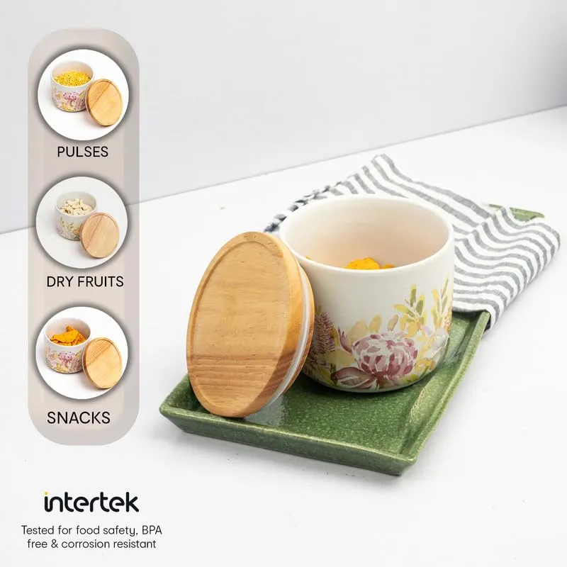 Anko 300ml Stoneware Ceramic Jars for Kitchen Storage | Airtight Container Set for Kitchen with Rubberwood Lid & Silicone Ring | Kitchen Container for Snacks, Tea, Sugar | Floral | Set of 6