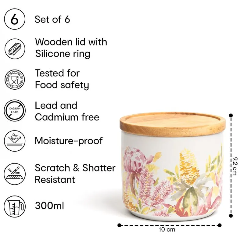 Anko 300ml Stoneware Ceramic Jars for Kitchen Storage | Airtight Container Set for Kitchen with Rubberwood Lid & Silicone Ring | Kitchen Container for Snacks, Tea, Sugar | Floral | Set of 6