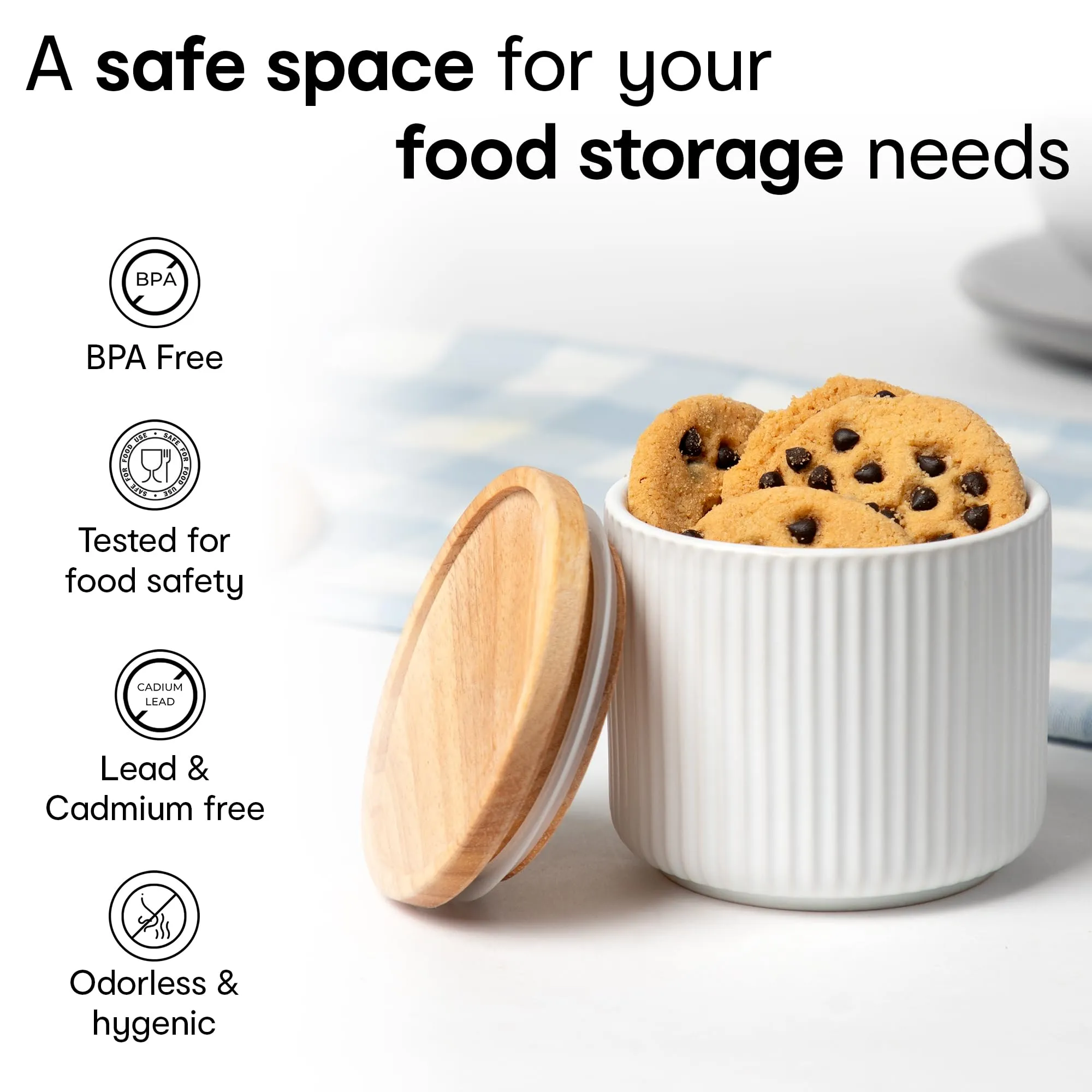 Anko 400Ml Stoneware Ceramic Jars For Kitchen Storage | Airtight Container Set For Kitchen With Rubberwood Lid & Silicone Ring | Kitchen Container For Snacks, Tea, Sugar | Set Of 3, Beige