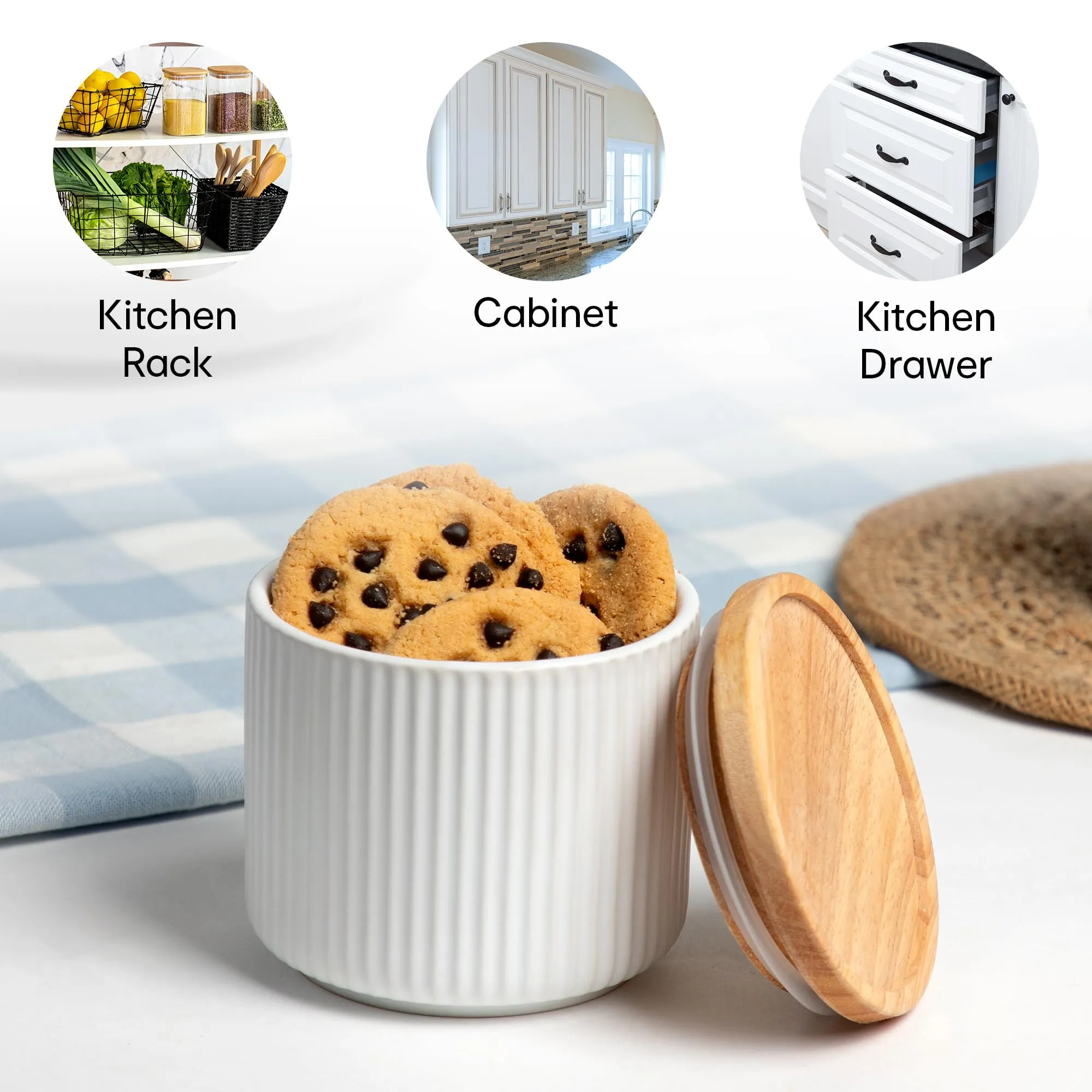 Anko 400Ml Stoneware Ceramic Jars For Kitchen Storage | Airtight Container Set For Kitchen With Rubberwood Lid & Silicone Ring | Kitchen Container For Snacks, Tea, Sugar | Set Of 3, Beige
