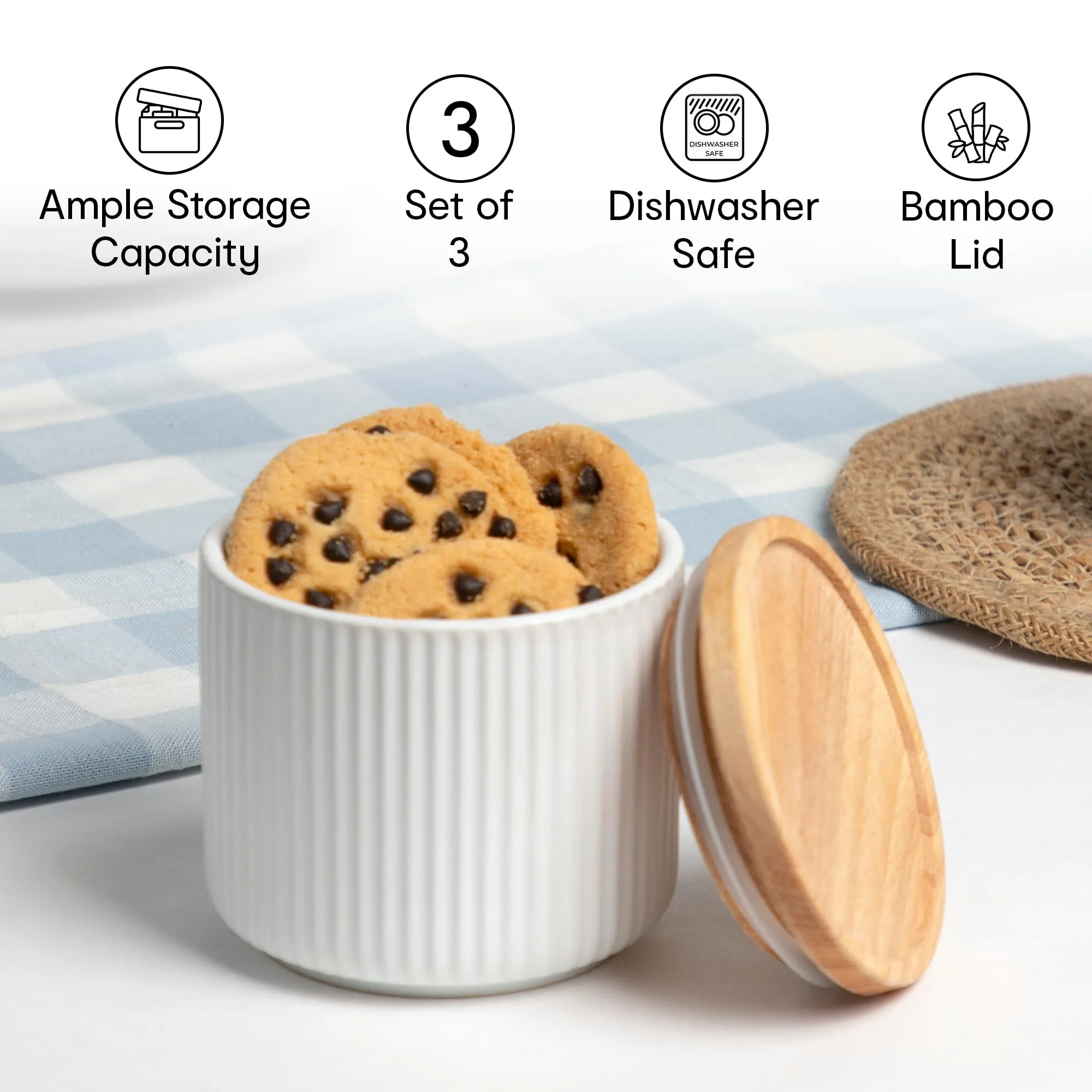 Anko 400Ml Stoneware Ceramic Jars For Kitchen Storage | Airtight Container Set For Kitchen With Rubberwood Lid & Silicone Ring | Kitchen Container For Snacks, Tea, Sugar | Set Of 3, Beige