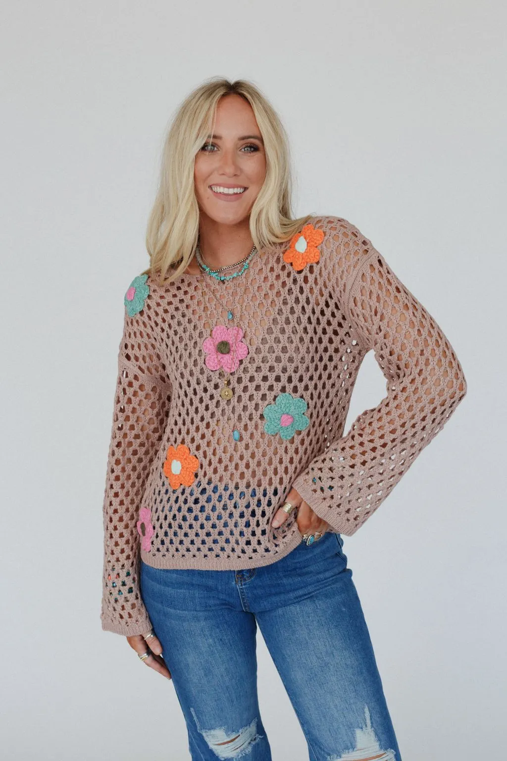 Annika Crochet Floral Top - Taupe