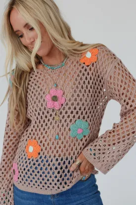 Annika Crochet Floral Top - Taupe