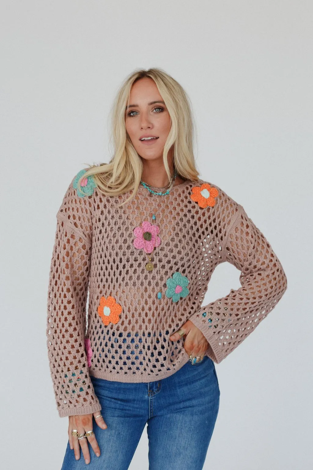 Annika Crochet Floral Top - Taupe