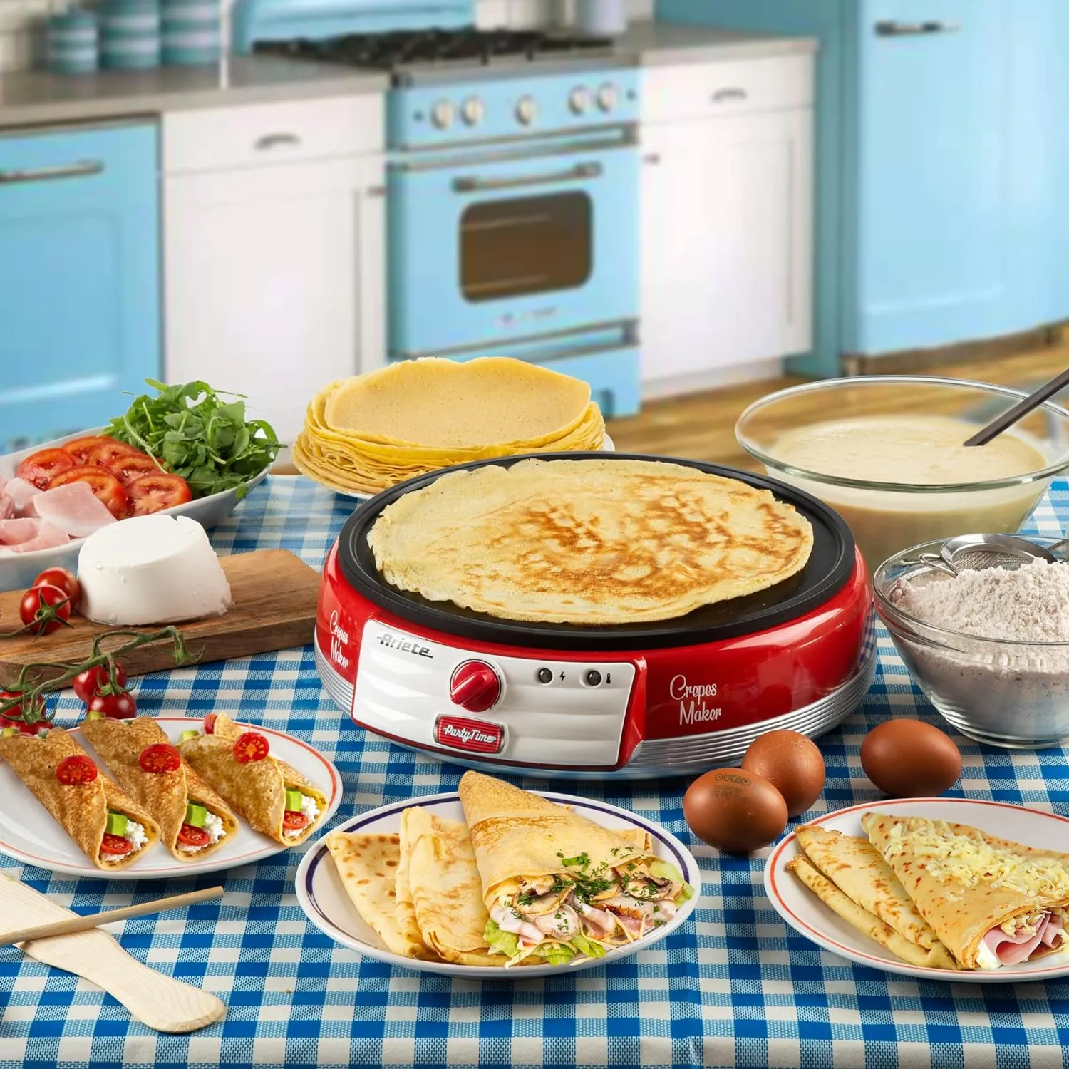 Ariete Electric Crepe Maker Dosa Maker | Portable Crepe Maker with Non-Stick Dipping Plate and Egg Whisk | Easy to Use for Pancakes, Chapati, Chilla, Dosa, Egg Beater | 1000Watt (Red)