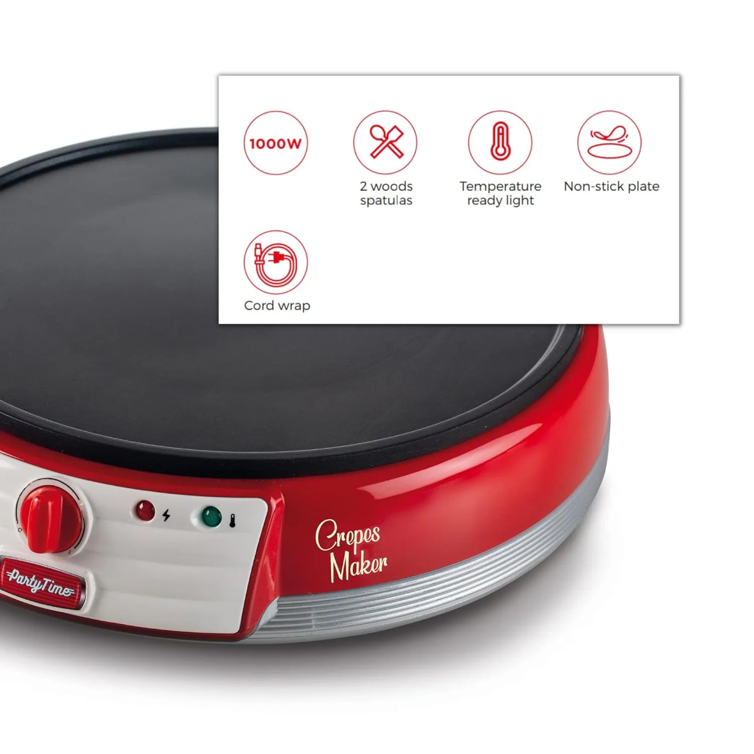 Ariete Electric Crepe Maker Dosa Maker | Portable Crepe Maker with Non-Stick Dipping Plate and Egg Whisk | Easy to Use for Pancakes, Chapati, Chilla, Dosa, Egg Beater | 1000Watt (Red)