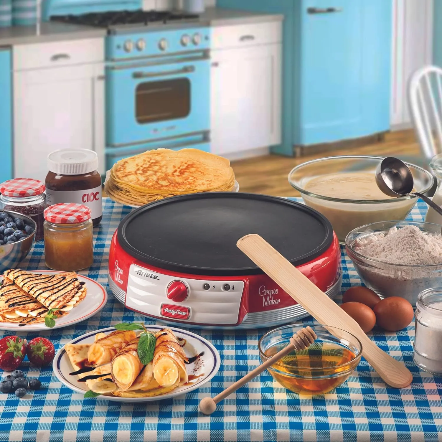Ariete Electric Crepe Maker Dosa Maker | Portable Crepe Maker with Non-Stick Dipping Plate and Egg Whisk | Easy to Use for Pancakes, Chapati, Chilla, Dosa, Egg Beater | 1000Watt (Red)