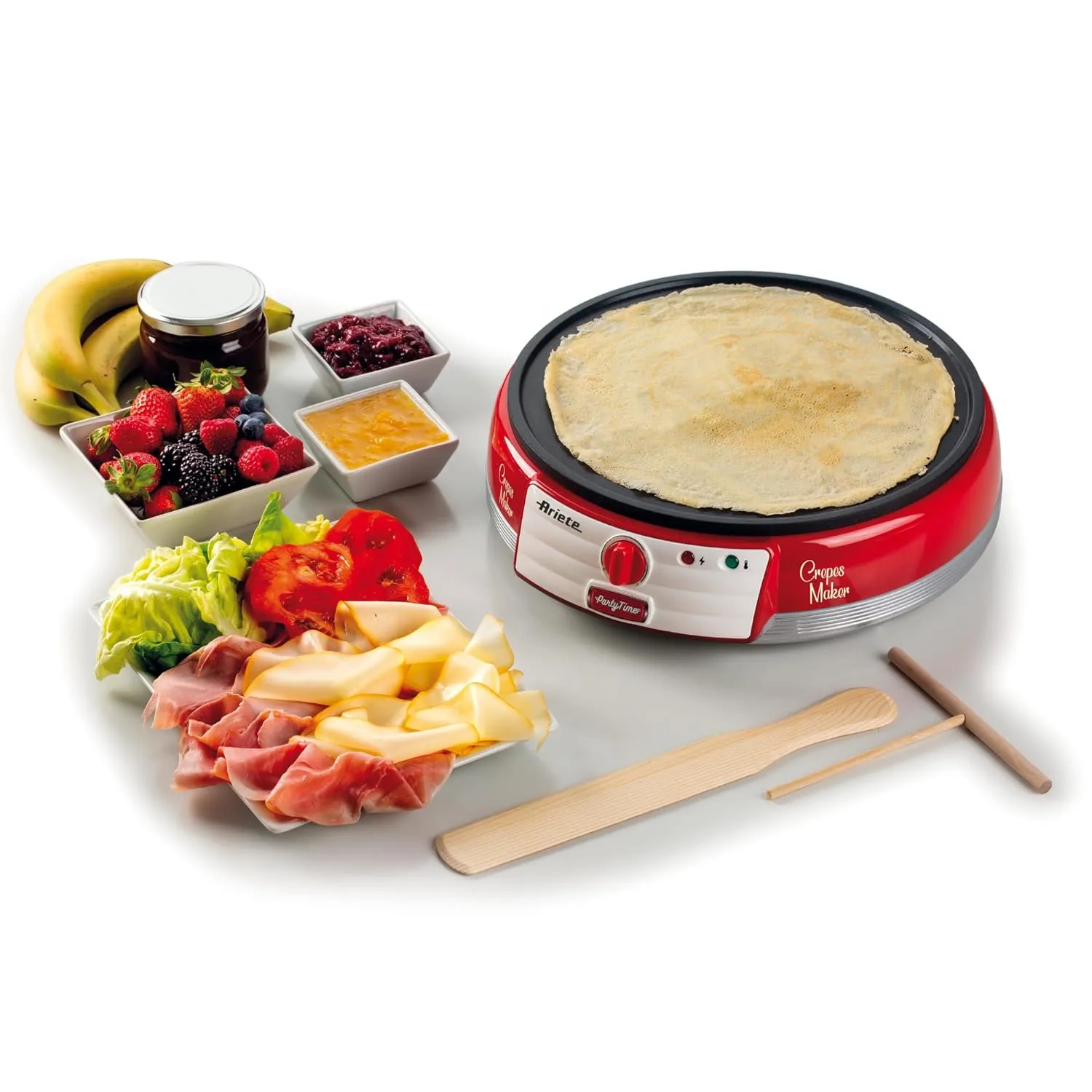 Ariete Electric Crepe Maker Dosa Maker | Portable Crepe Maker with Non-Stick Dipping Plate and Egg Whisk | Easy to Use for Pancakes, Chapati, Chilla, Dosa, Egg Beater | 1000Watt (Red)