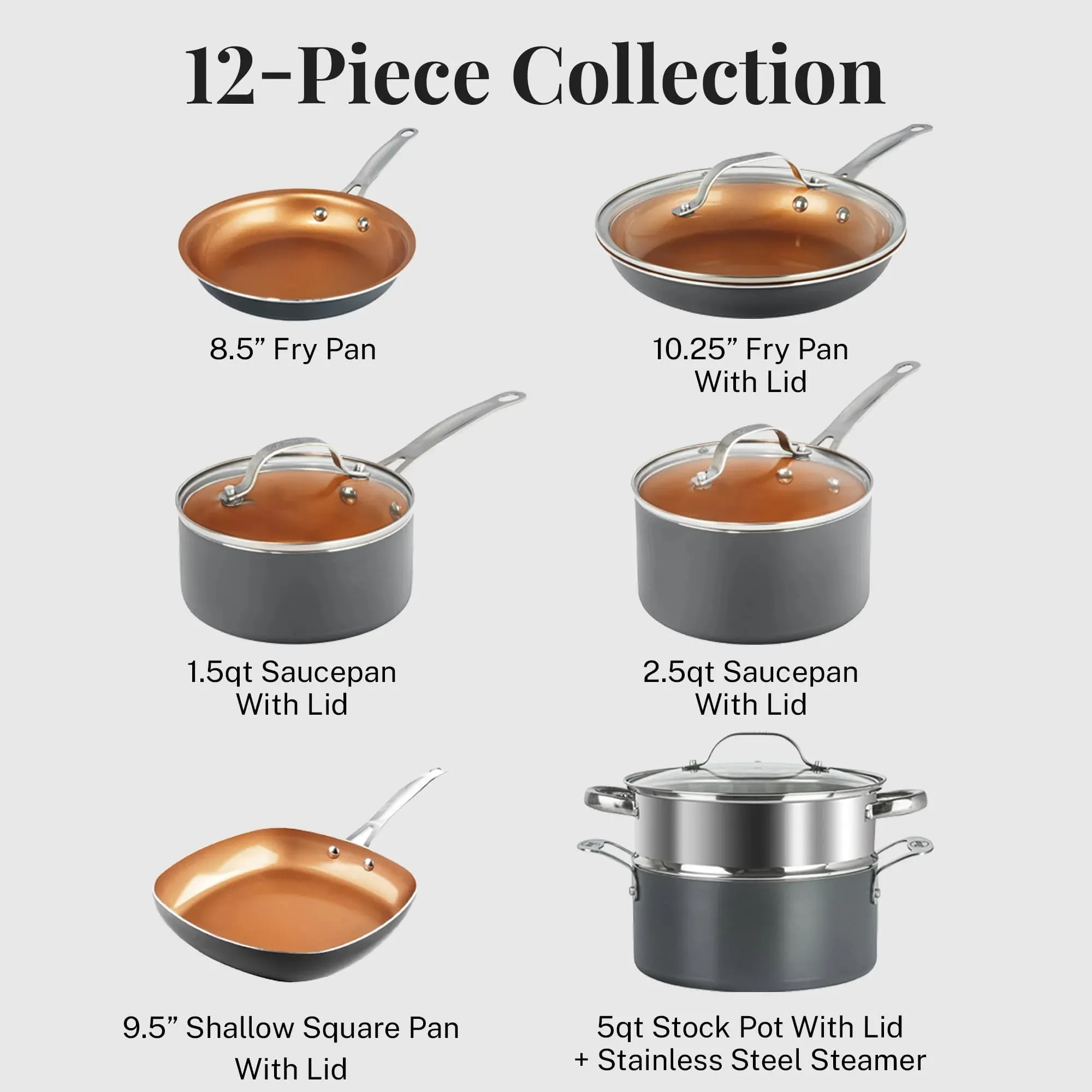 Gotham Steel Nonstick Pots and Pans 12 Piece Set Ceramic Cookware Kitchen Set with Frying Skillet, Saucepan, Lids, Gray
