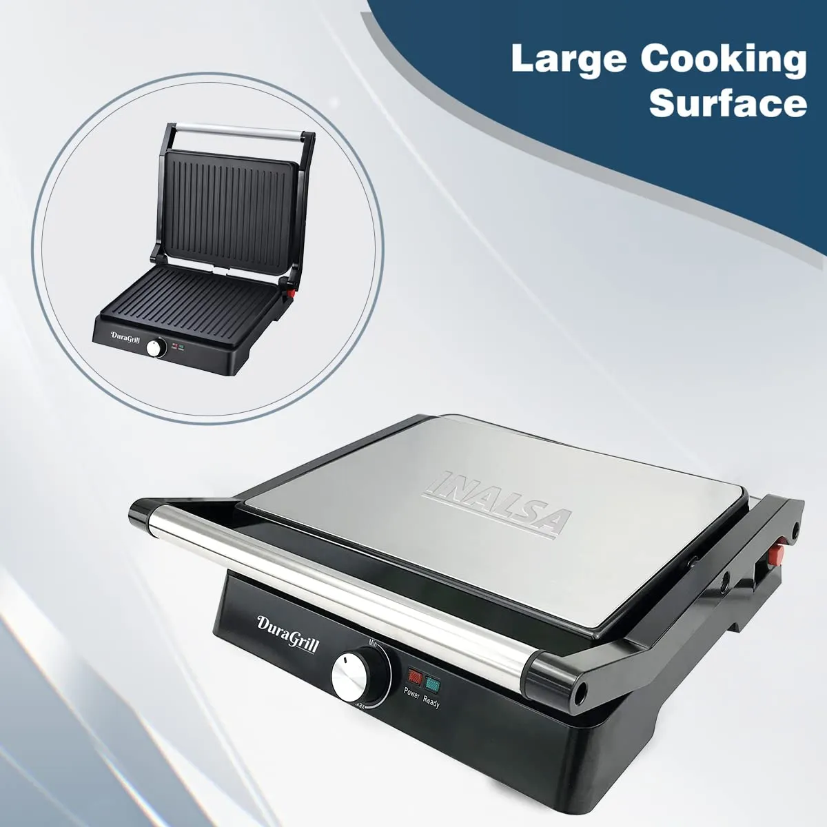 Inalsa Dura Grill 2200-Watt Sandwich Make Contact Grill with Temperature Controller and LED indicator | Non-stick coated plates | Cool touch sliding Handle | 4 Slice Bread, (Black/Grey)