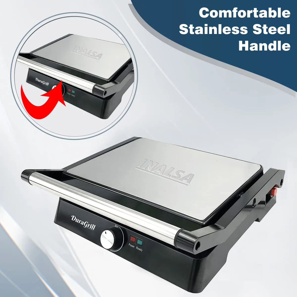 Inalsa Dura Grill 2200-Watt Sandwich Make Contact Grill with Temperature Controller and LED indicator | Non-stick coated plates | Cool touch sliding Handle | 4 Slice Bread, (Black/Grey)