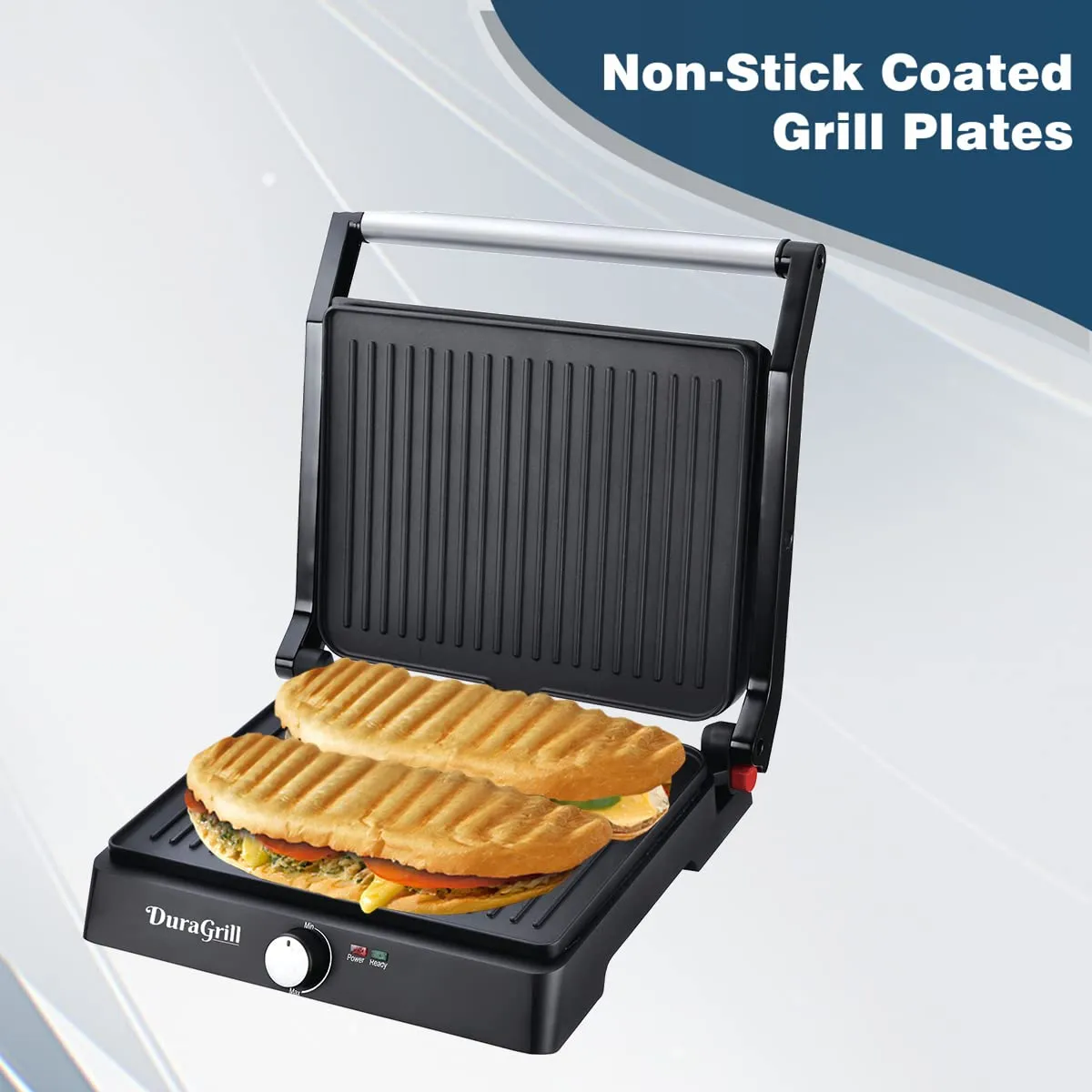 Inalsa Dura Grill 2200-Watt Sandwich Make Contact Grill with Temperature Controller and LED indicator | Non-stick coated plates | Cool touch sliding Handle | 4 Slice Bread, (Black/Grey)