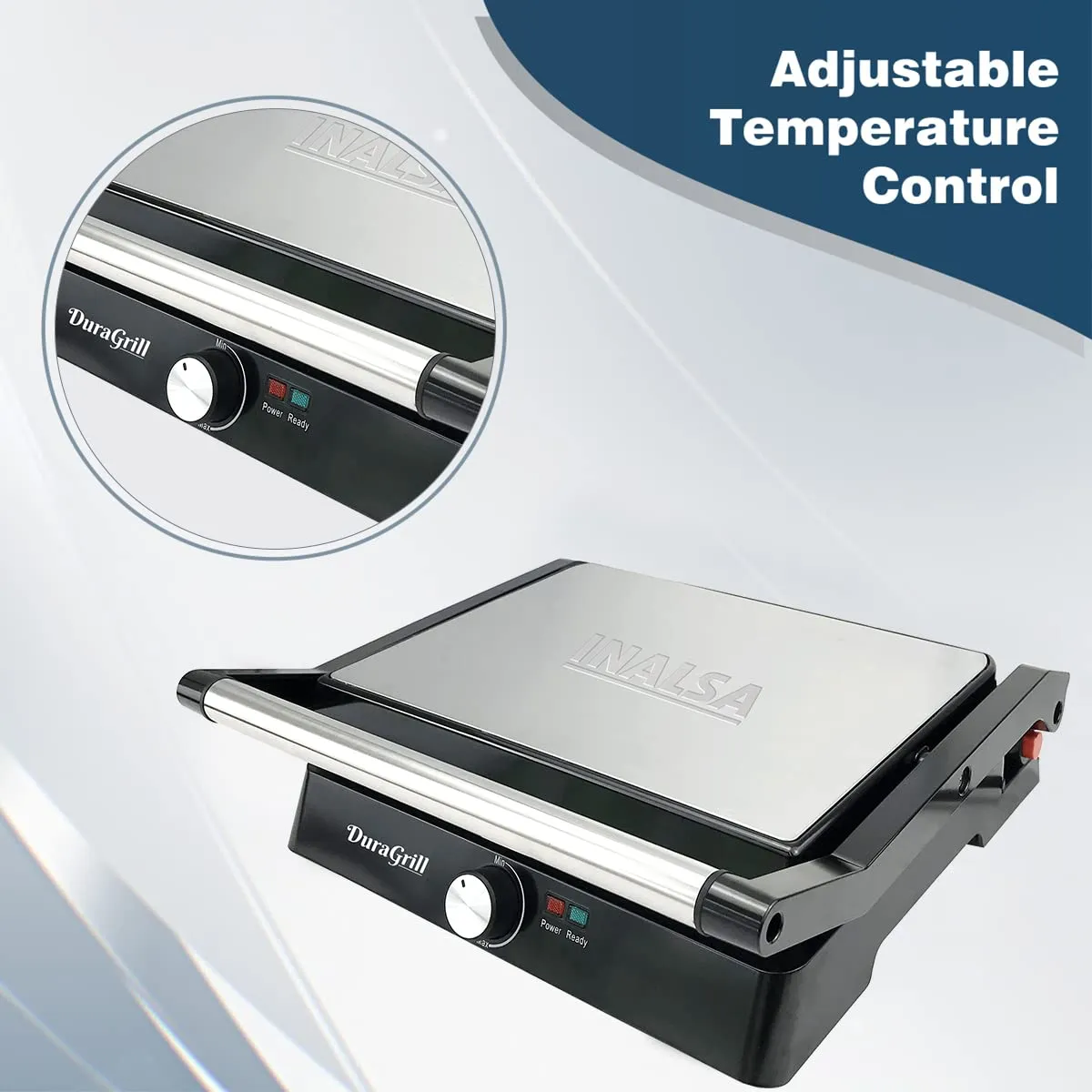 Inalsa Dura Grill 2200-Watt Sandwich Make Contact Grill with Temperature Controller and LED indicator | Non-stick coated plates | Cool touch sliding Handle | 4 Slice Bread, (Black/Grey)