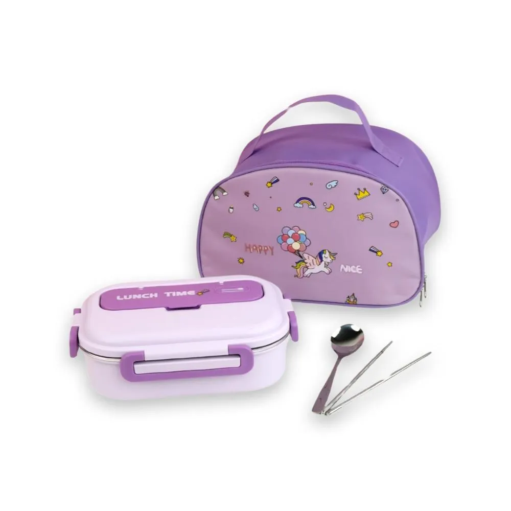 Purple Lunch Time 2 pcs Stainless Steel Kids Lunch Box with matching Lunch Bag