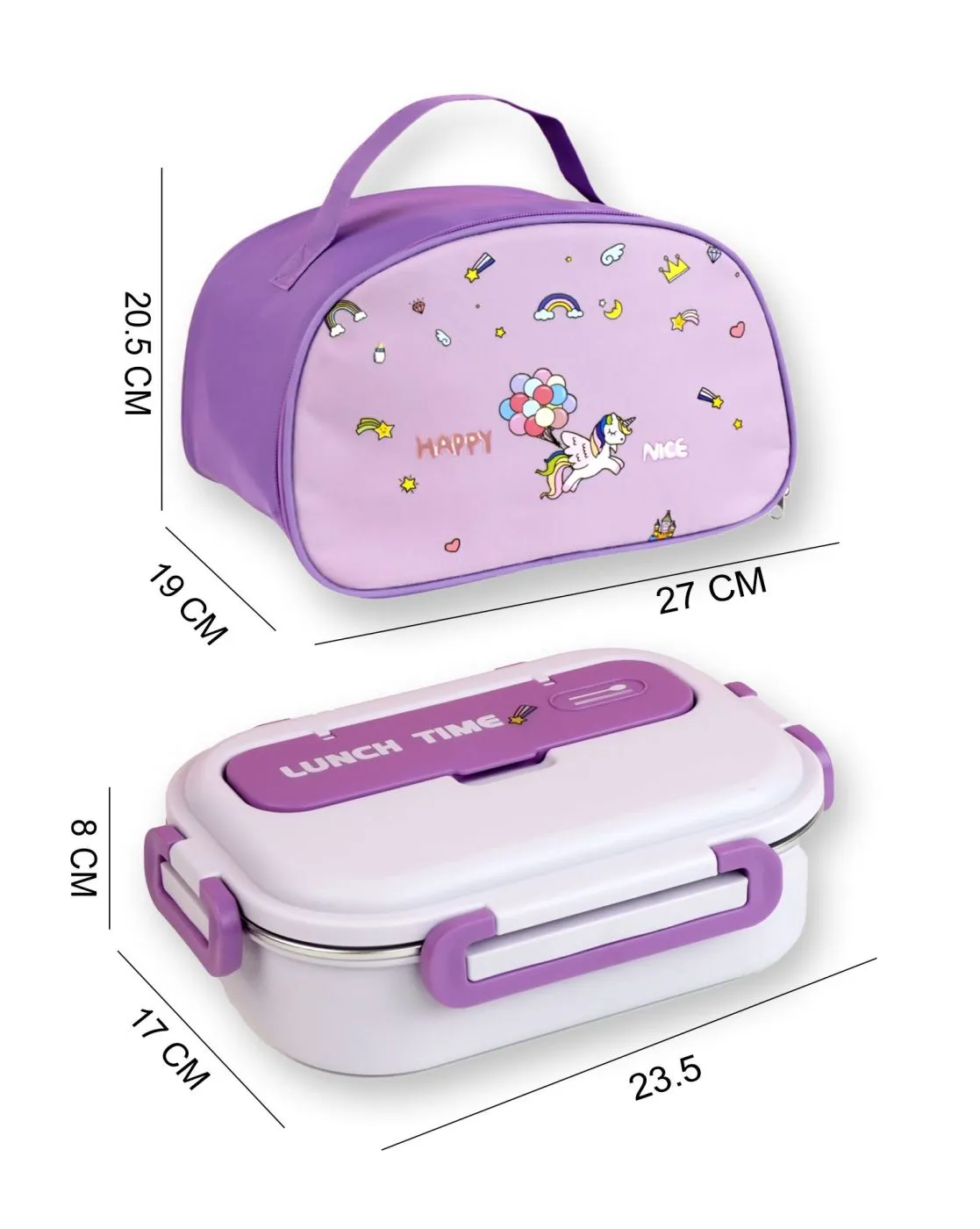 Purple Lunch Time 2 pcs Stainless Steel Kids Lunch Box with matching Lunch Bag