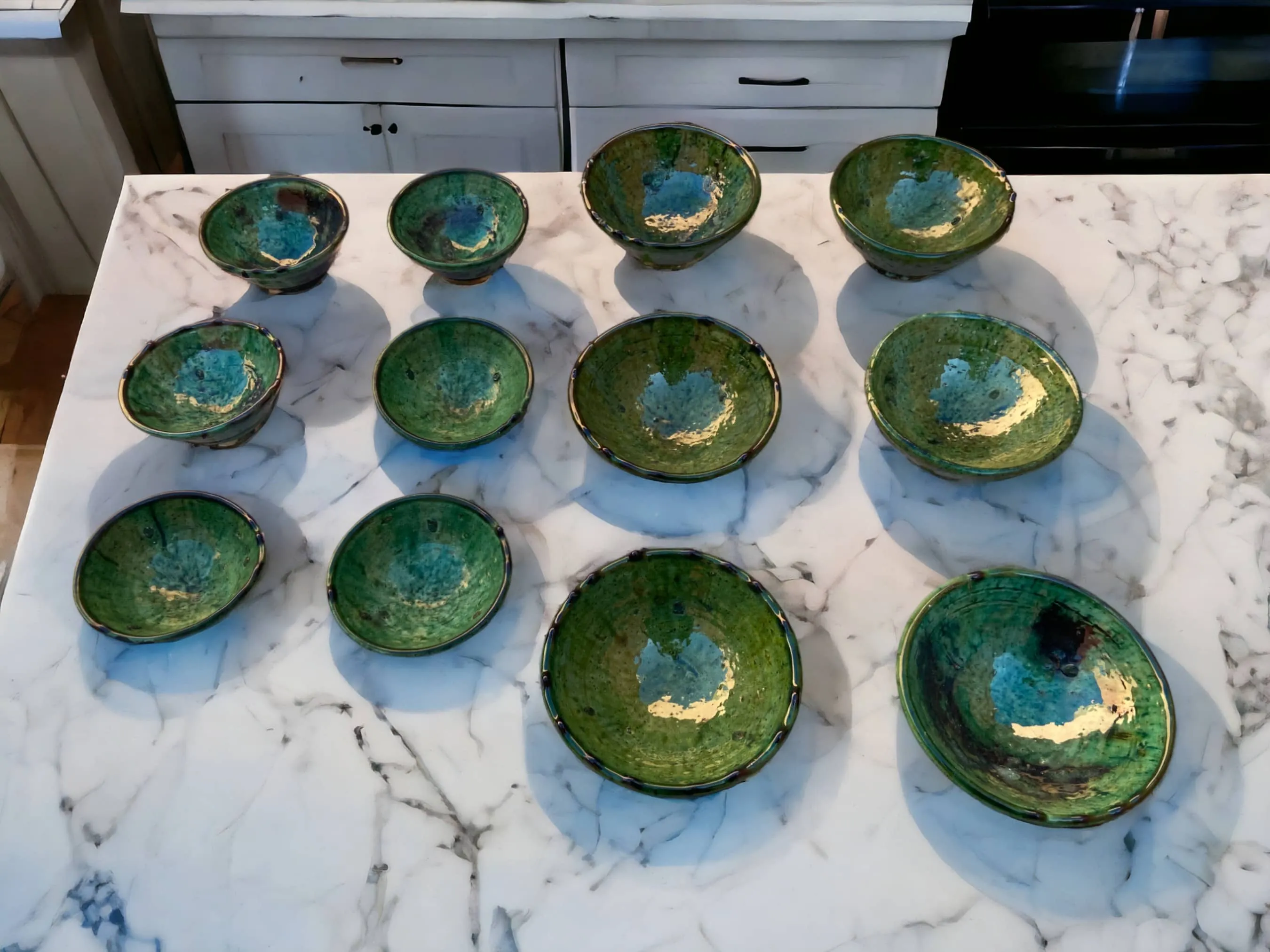 Set of 6 Tamegroute Bowls, Tamegroute Bowls Green Glazed Pottery, Set of 6 ceramic bowls, Tamegroute bowls, each handmade in Morocco.