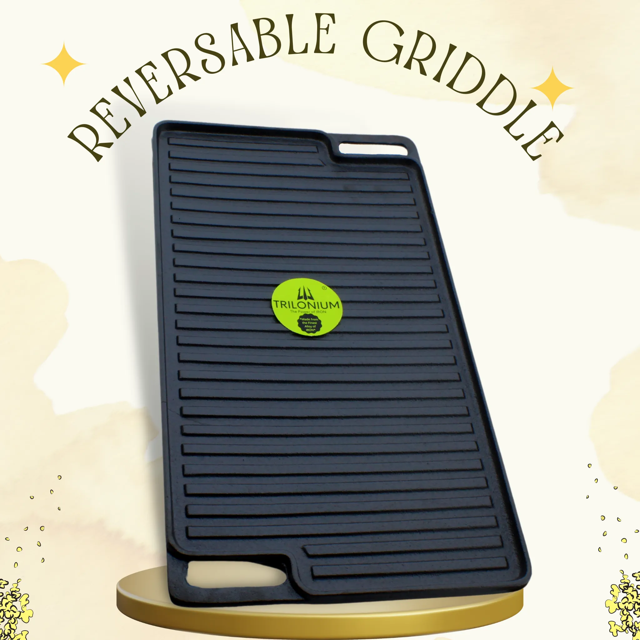 Trilonium Pre-Seasoned Cast Iron Rectangular reversable grill gridle 46 x 26 cms, Weighs 4.1 Kgs